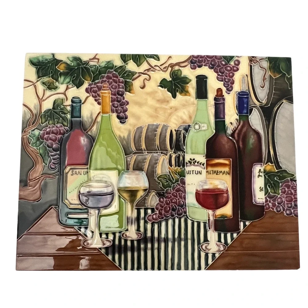 Hand Painted Ceramic Wine Vineyard Art Tile Decorative Wall Plaque 12x8 Raised